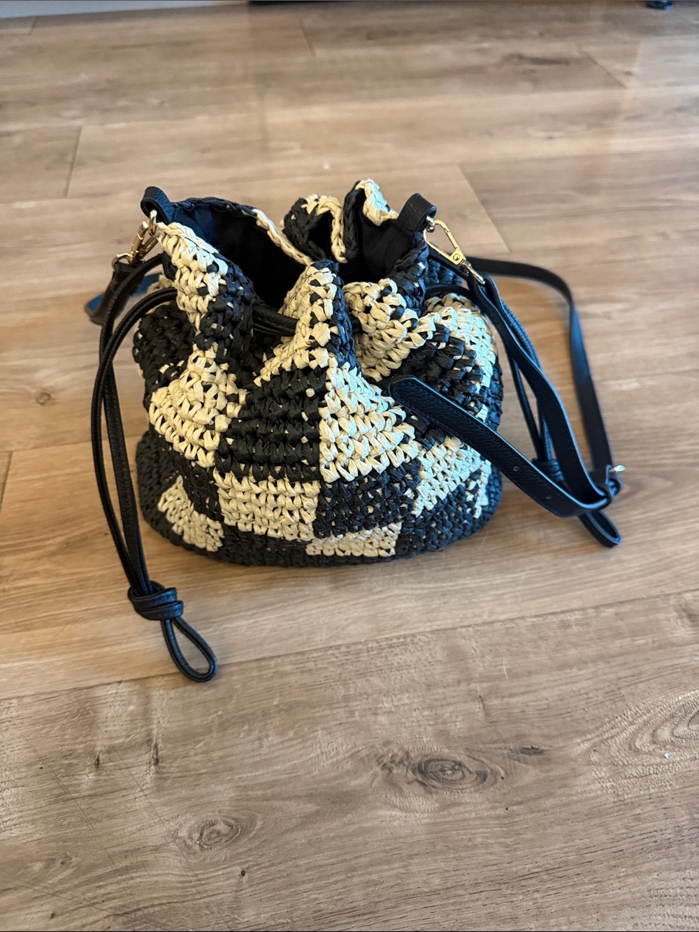 Universal Threads Woven Check Drawstring Crossbody Bag - Black & Cream